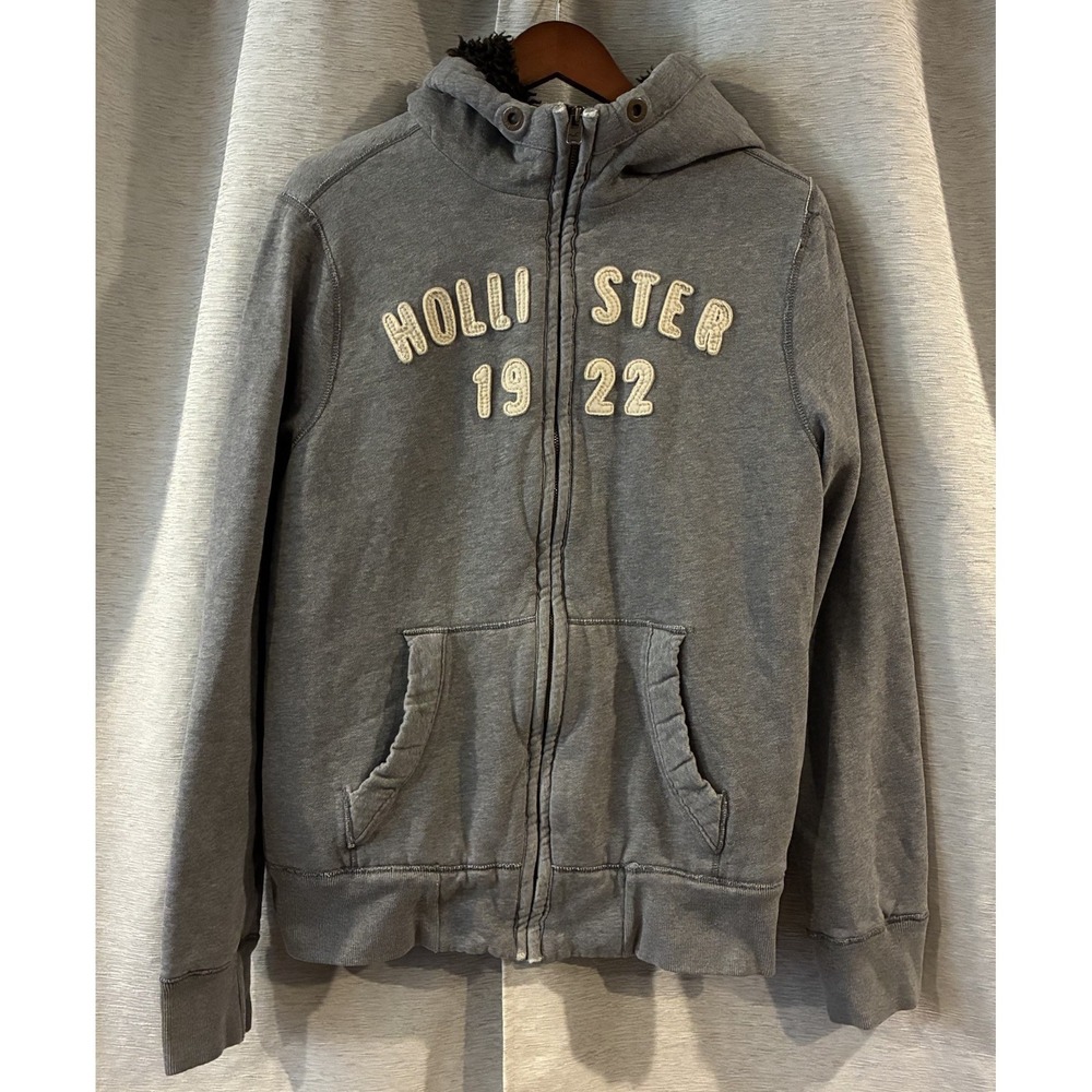 Vintage Y2K Hollister‎ Gray Sherpa Faux Fur Lined Zip Up Hoodie Size L 2000s